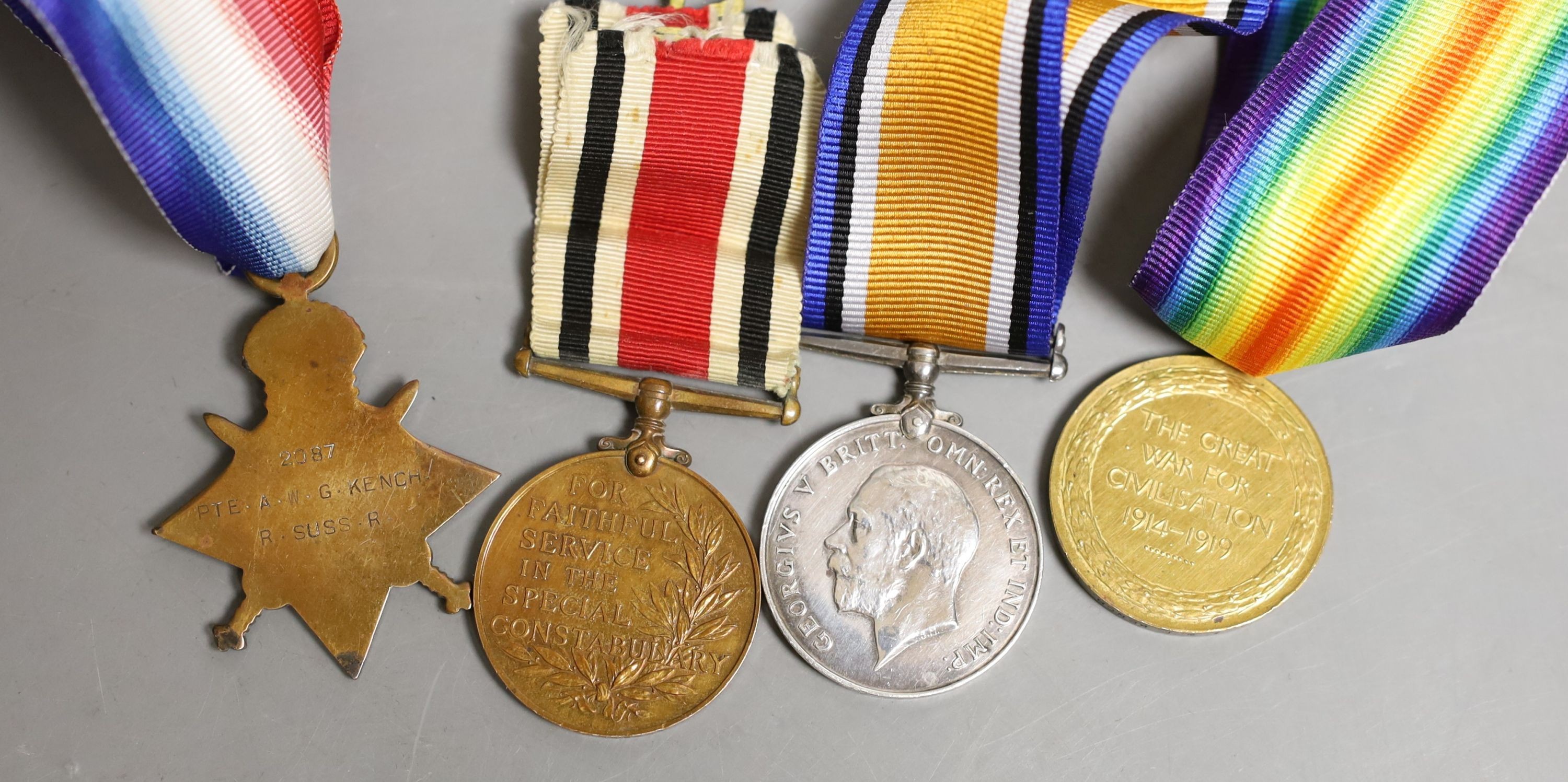 A Great War / Special Constabulary LSGC group of four medals to 2087 Private Albert William George Kench, Royal Sussex Regiment